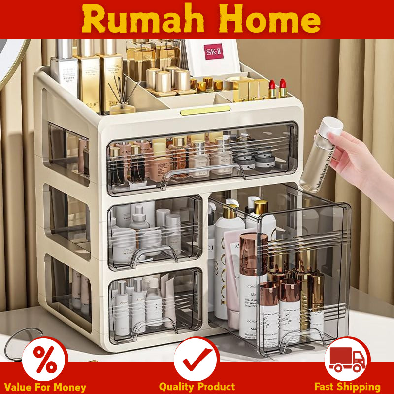 Dustproof Cosmetic Storage Organiser with Drawers - Skincare & Makeup Vanity Table Organizer,  Transparent Desktop Box