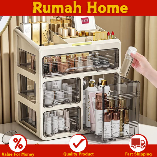 Dustproof Cosmetic Storage Organiser with Drawers - Skincare & Makeup Vanity Table Organizer,  Transparent Desktop Box