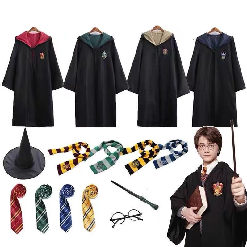 Harry Potter Cloak Cape Costume Set Gift-Adult Kids Gryffindor Slytherin Hufflepuff Halloween Cosplay-Glasses,Tie