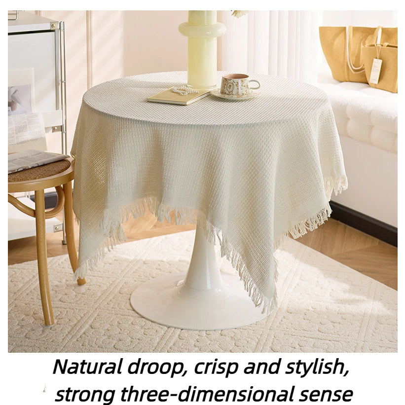 French Ins Style Cotton Linen Tablecloth - Soft Round Coffee/Bedside Table Cover with Tassels, Home Aesthetics