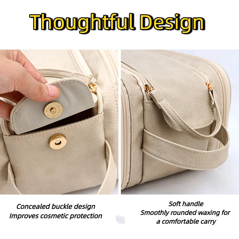 Double Zipper Makeup Bag - Large Capacity PU Travel Toiletry Organizer, Waterproof Pouch Storage for Women Portable