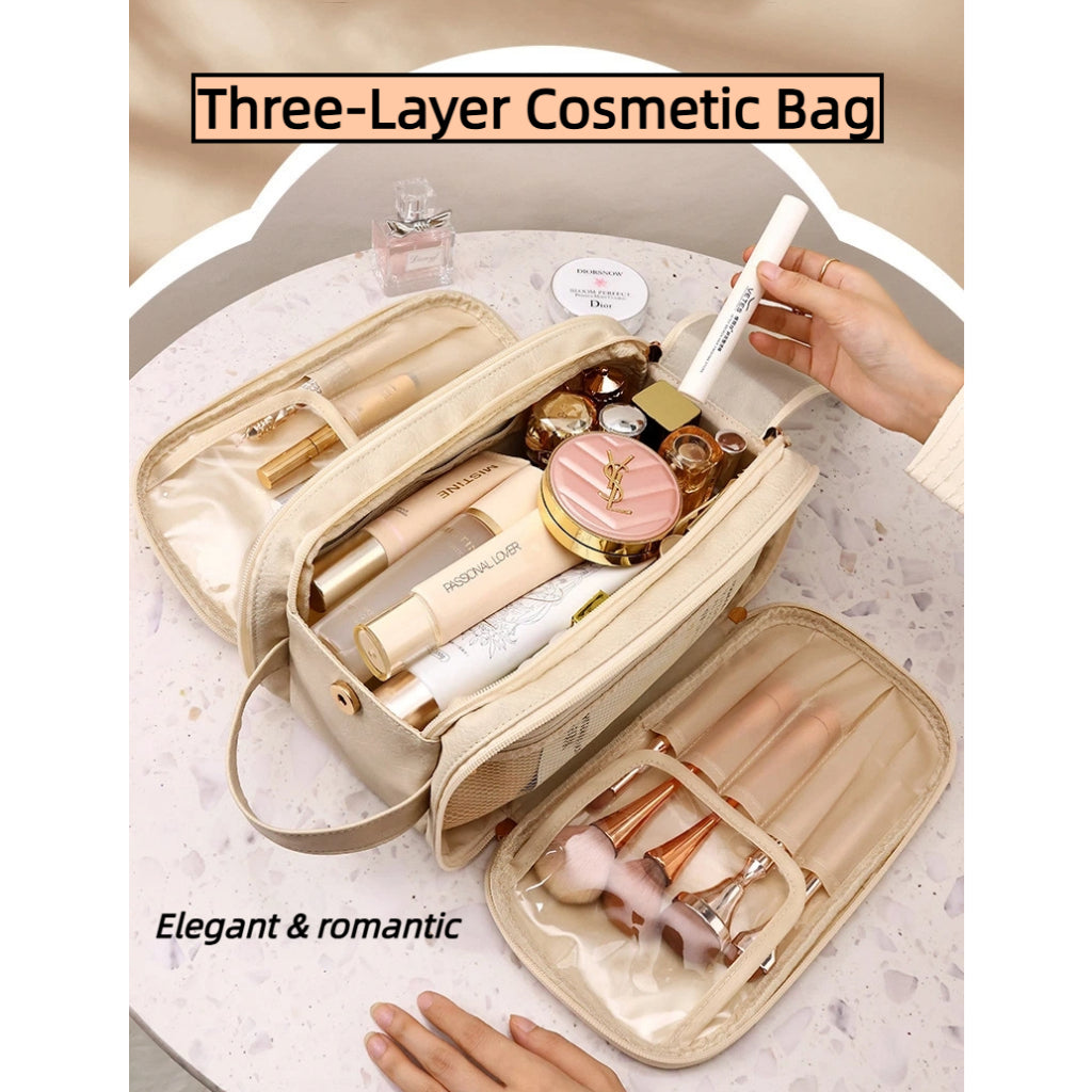 Double Zipper Makeup Bag - Large Capacity PU Travel Toiletry Organizer, Waterproof Pouch Storage for Women Portable