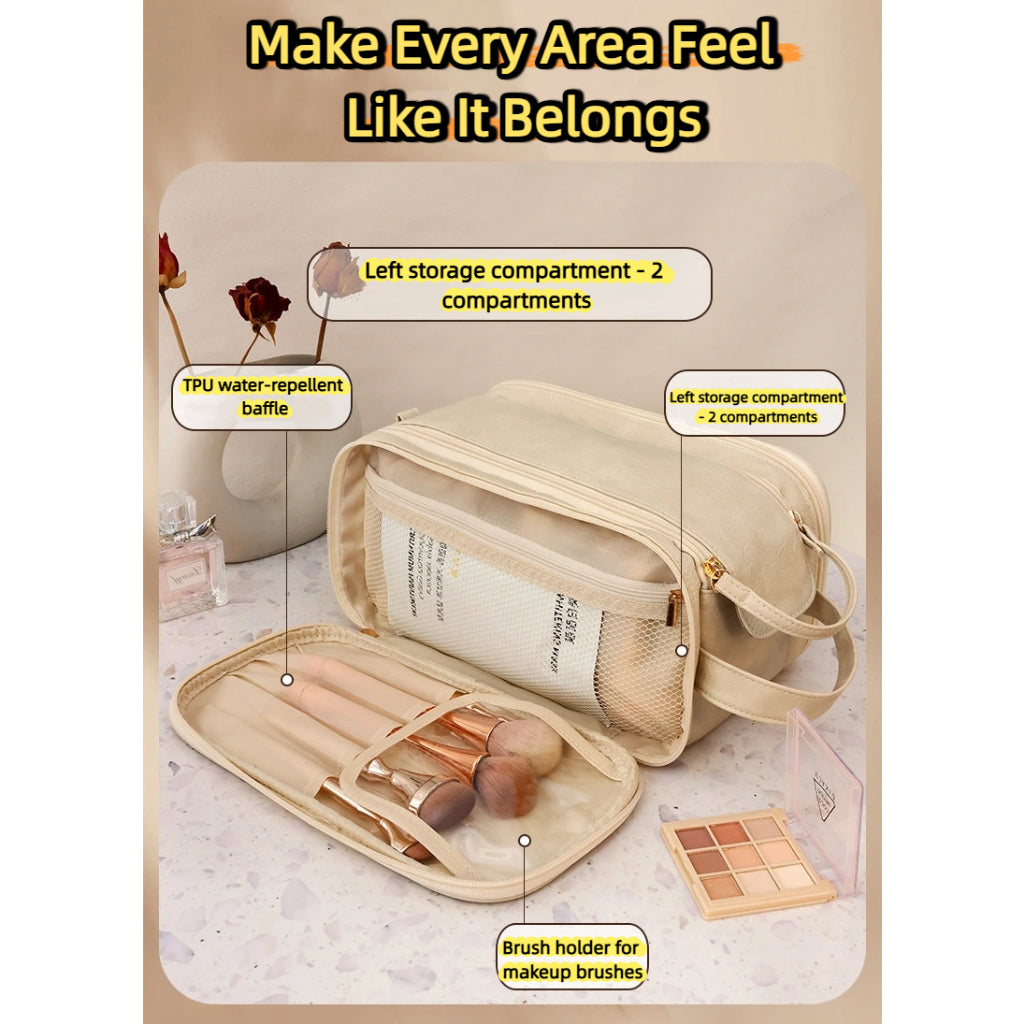 Double Zipper Makeup Bag - Large Capacity PU Travel Toiletry Organizer, Waterproof Pouch Storage for Women Portable