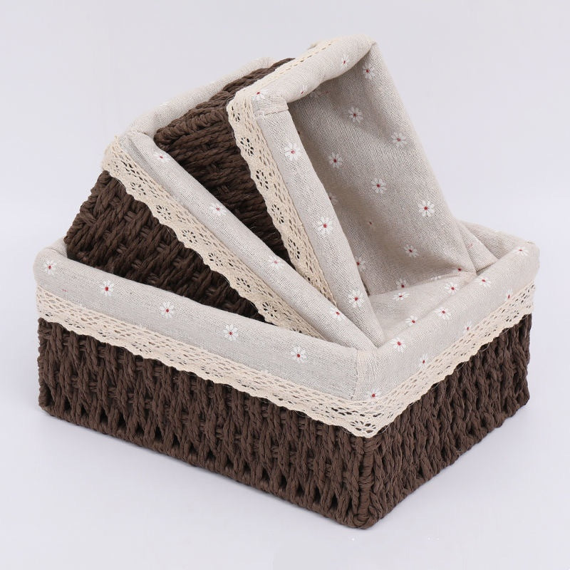 Rattan Woven Storage Basket Desktop Cosmetics Organizer Multi-functional Box Container