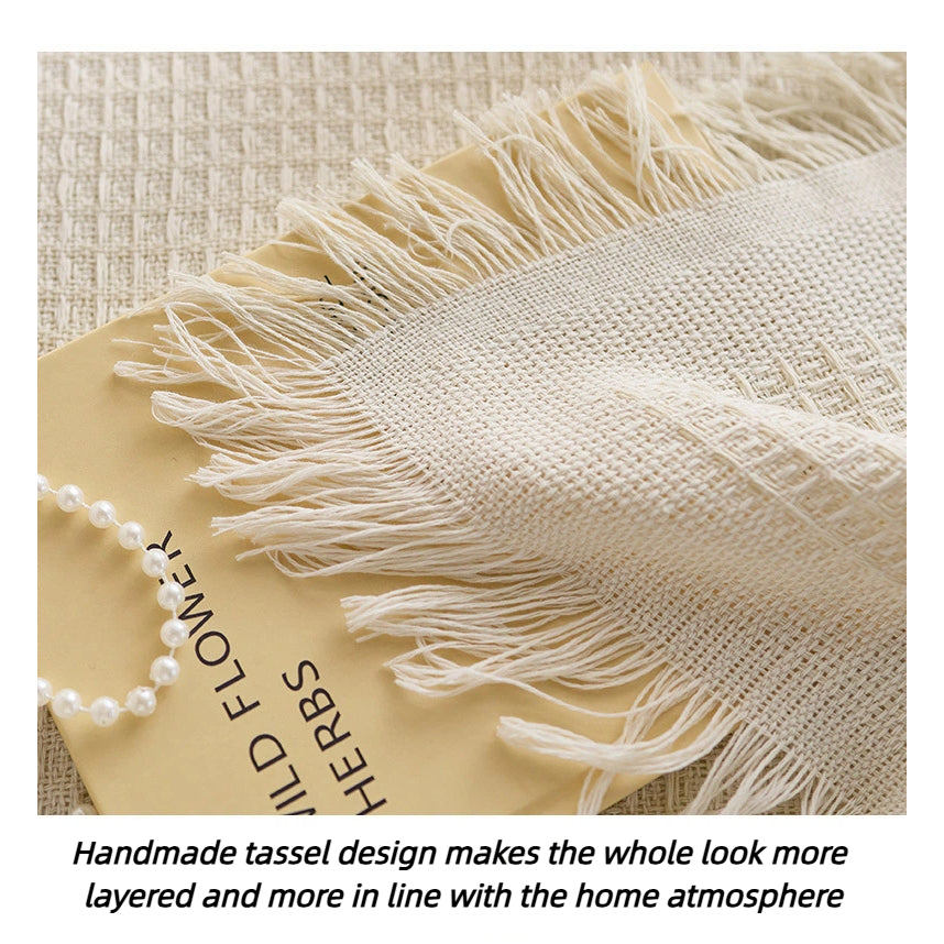 French Ins Style Cotton Linen Tablecloth - Soft Round Coffee/Bedside Table Cover with Tassels, Home Aesthetics
