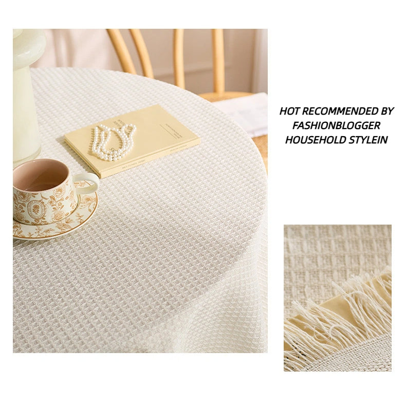 French Ins Style Cotton Linen Tablecloth - Soft Round Coffee/Bedside Table Cover with Tassels, Home Aesthetics