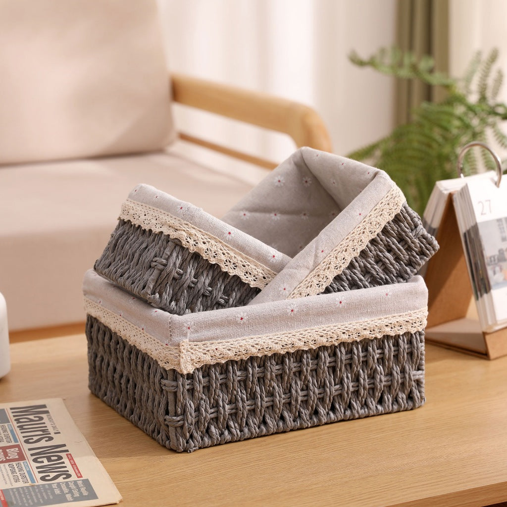 Rattan Woven Storage Basket Desktop Cosmetics Organizer Multi-functional Box Container