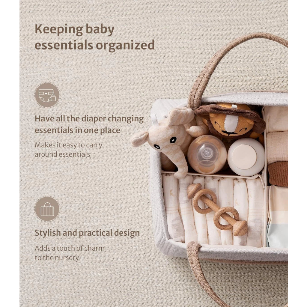 Baby Diaper Caddy Bag - Foldable Woven Cotton Storage Basket  Portable Mummy Nursery Organiser