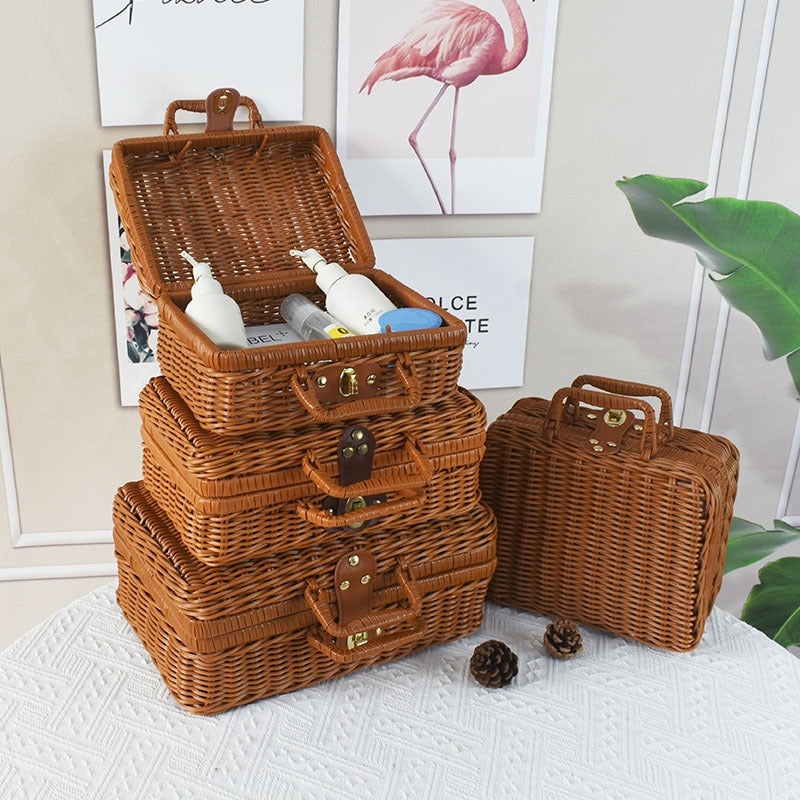 Rattan Woven Storage Basket Desktop Cosmetics Organizer Multi-functional Box Container