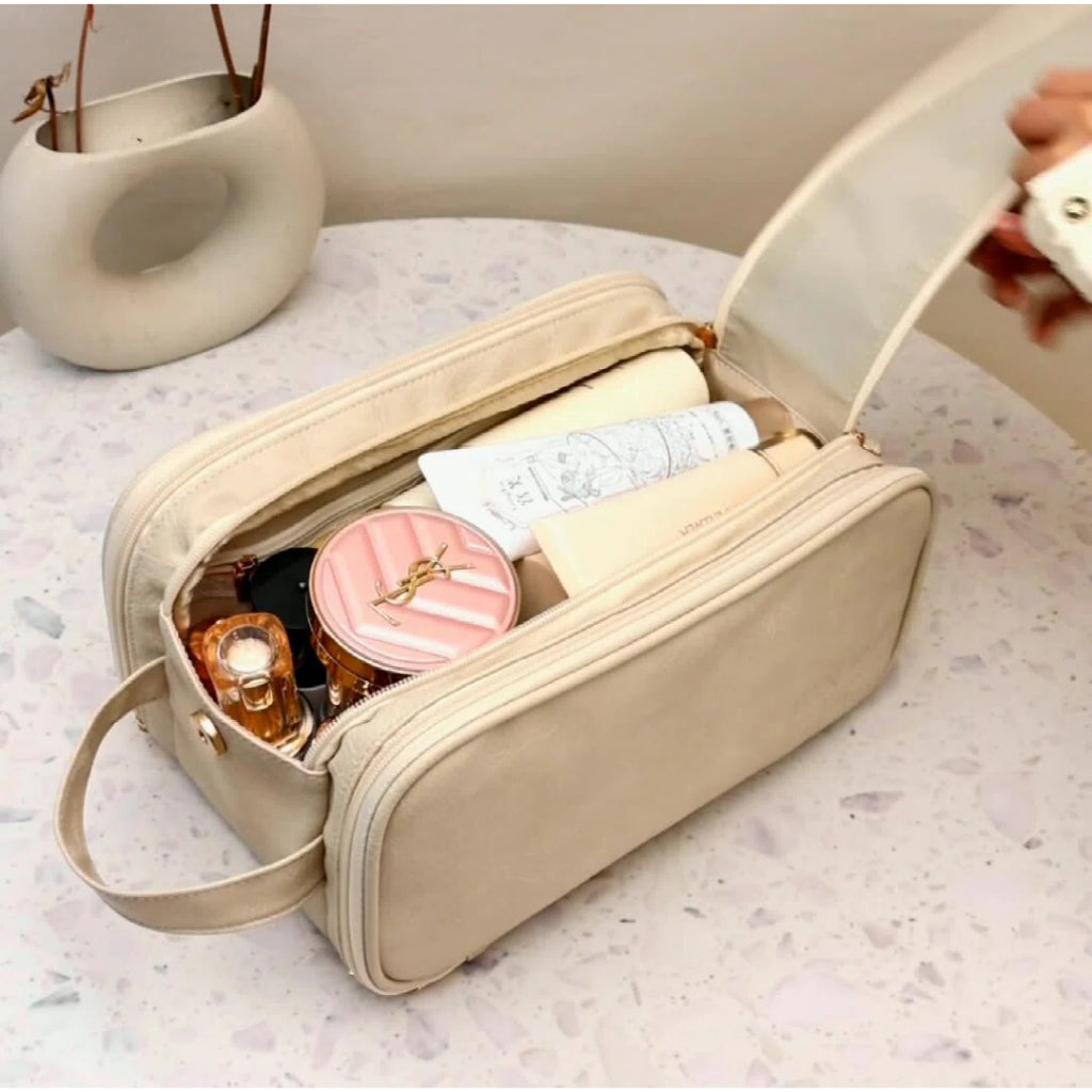 Double Zipper Makeup Bag - Large Capacity PU Travel Toiletry Organizer, Waterproof Pouch Storage for Women Portable