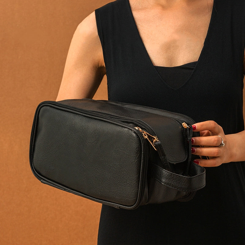 Double Zipper Makeup Bag - Large Capacity PU Travel Toiletry Organizer, Waterproof Pouch Storage for Women Portable