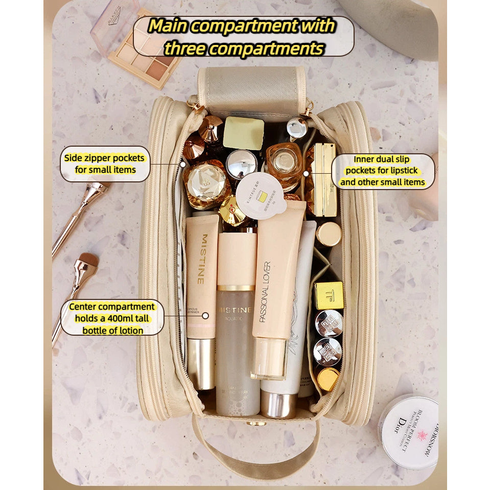 Double Zipper Makeup Bag - Large Capacity PU Travel Toiletry Organizer, Waterproof Pouch Storage for Women Portable