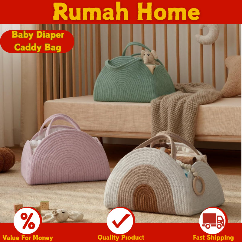 Baby Diaper Caddy Bag - Foldable Woven Cotton Storage Basket  Portable Mummy Nursery Organiser