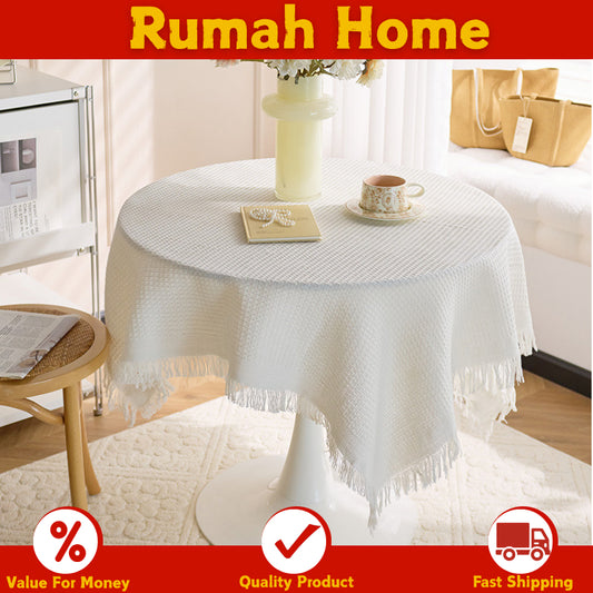 French Ins Style Cotton Linen Tablecloth - Soft Round Coffee/Bedside Table Cover with Tassels, Home Aesthetics