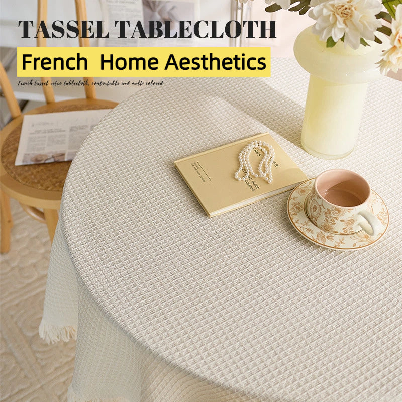 French Ins Style Cotton Linen Tablecloth - Soft Round Coffee/Bedside Table Cover with Tassels, Home Aesthetics