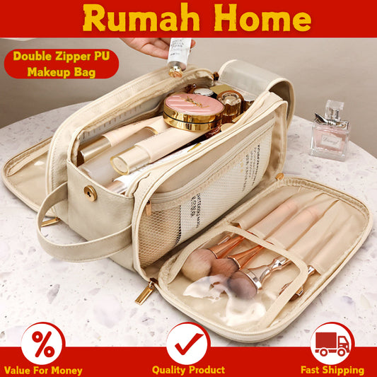 Double Zipper Makeup Bag - Large Capacity PU Travel Toiletry Organizer, Waterproof Pouch Storage for Women Portable