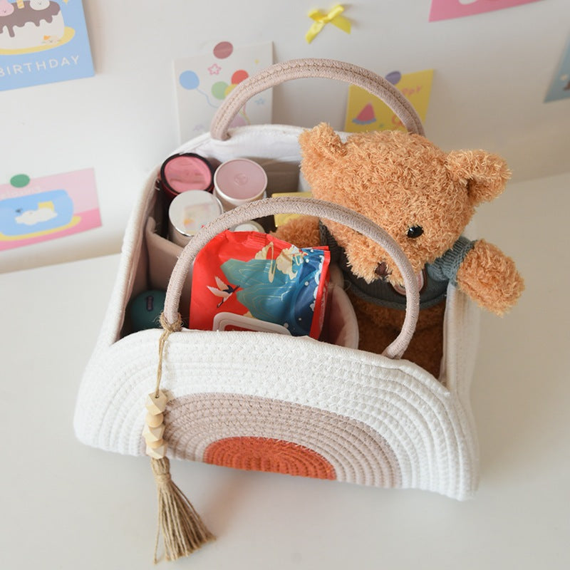 Baby Diaper Caddy Bag - Foldable Woven Cotton Storage Basket  Portable Mummy Nursery Organiser