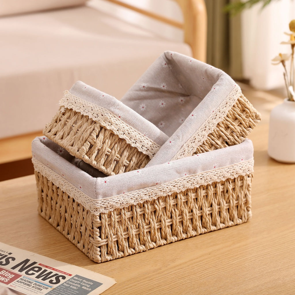 Rattan Woven Storage Basket Desktop Cosmetics Organizer Multi-functional Box Container
