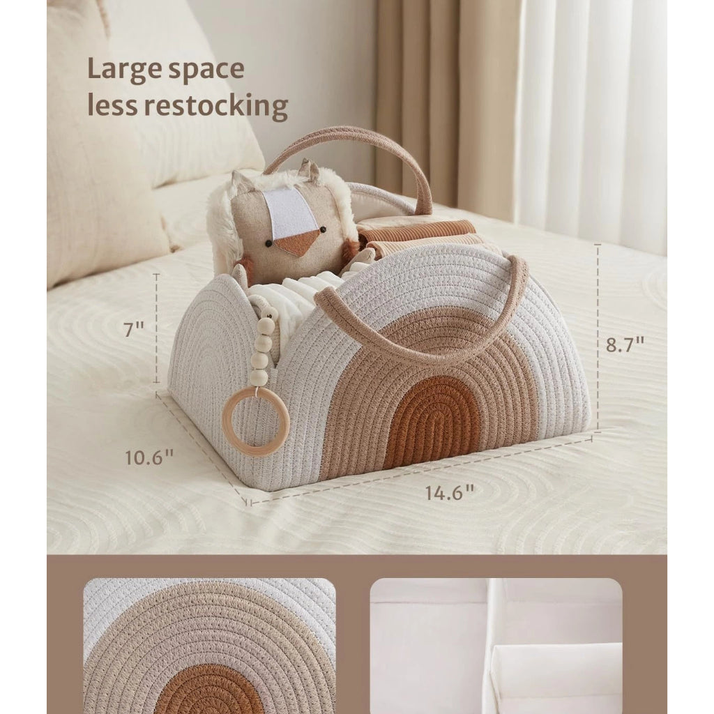 Baby Diaper Caddy Bag - Foldable Woven Cotton Storage Basket  Portable Mummy Nursery Organiser