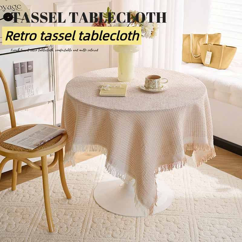 French Ins Style Cotton Linen Tablecloth - Soft Round Coffee/Bedside Table Cover with Tassels, Home Aesthetics