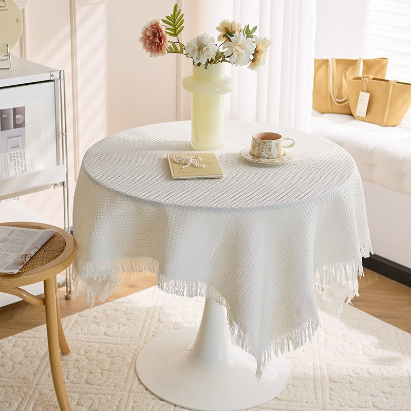 French Ins Style Cotton Linen Tablecloth - Soft Round Coffee/Bedside Table Cover with Tassels, Home Aesthetics