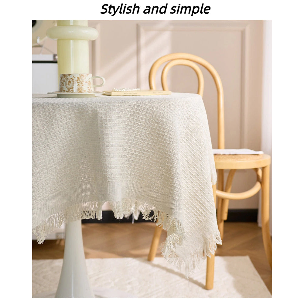 French Ins Style Cotton Linen Tablecloth - Soft Round Coffee/Bedside Table Cover with Tassels, Home Aesthetics