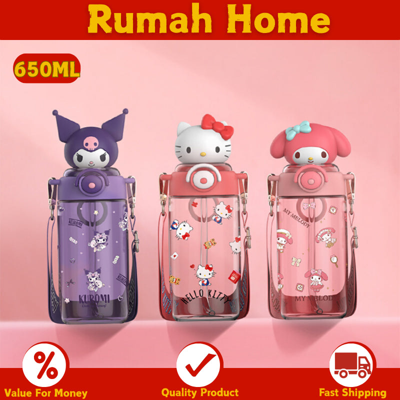 Sanrio Kids Tritan Water Bottle 650ml-Portable Straw Cartoon 3D Kuromi Cup BPA Free For Children, School Students