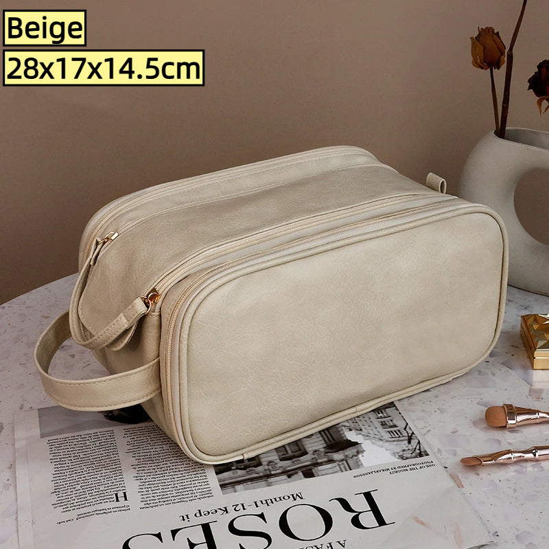 Double Zipper Makeup Bag - Large Capacity PU Travel Toiletry Organizer, Waterproof Pouch Storage for Women Portable