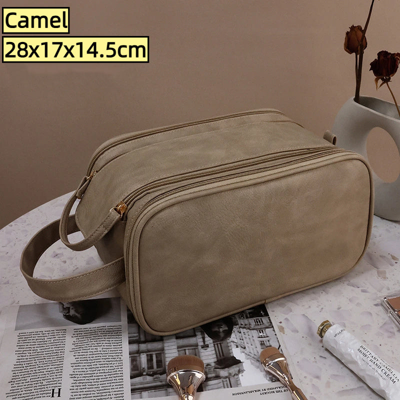 Double Zipper Makeup Bag - Large Capacity PU Travel Toiletry Organizer, Waterproof Pouch Storage for Women Portable