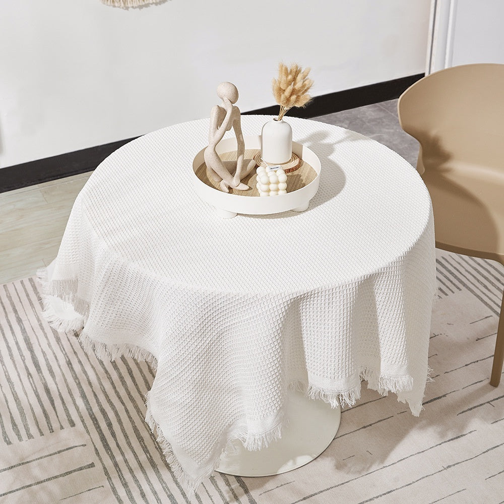French Ins Style Cotton Linen Tablecloth - Soft Round Coffee/Bedside Table Cover with Tassels, Home Aesthetics